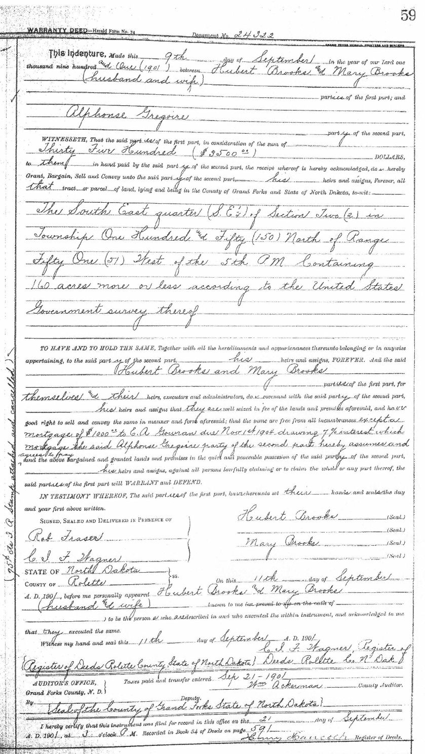 Warranty Deed Transfering Property from Hubert Brooks to Alphonse Gregoire